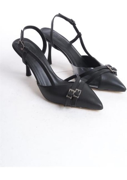 Kadın Siyah Cilt 9 cm Ince Topuklu Sivri Burunlu Yanları Acık Stiletto fırsatları