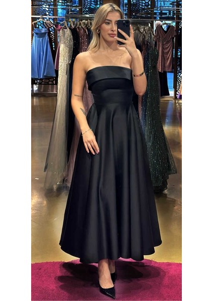 Siyah Kloş Etekli Saten Midi Abiye Elbise 7647