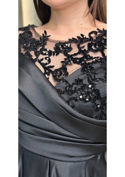 Siyah Uzun Kollu Dantel Detaylı Kloş Etekli Saten Uzun Abiye Elbise 7670 fırsatları