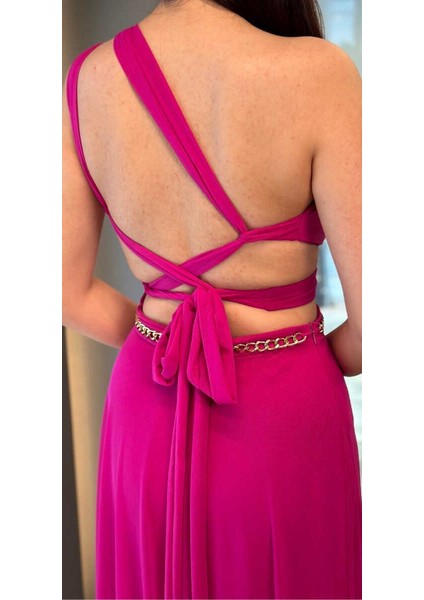 Fuşya Tek Omuzlu Zincir Detaylı Sırt Dekolteli Kloş Etekli Tül Uzun Abiye Elbise 7436 fırsatları