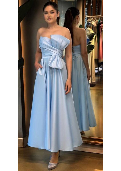 Mavi Kloş Etekli Saten Midi Abiye Elbise 7657