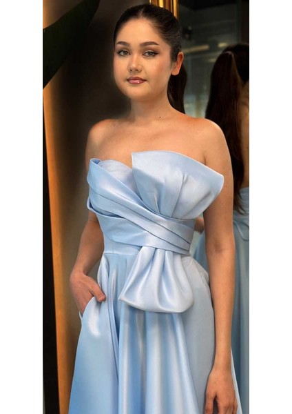 Mavi Kloş Etekli Saten Midi Abiye Elbise 7657 fiyatları