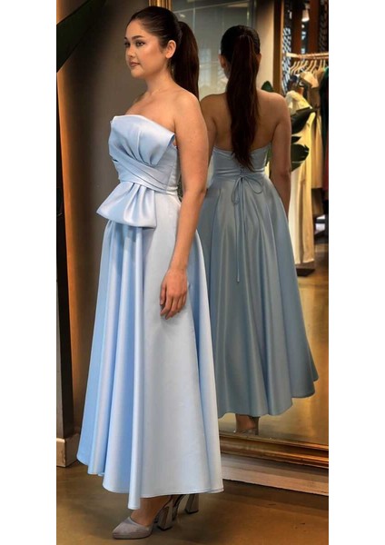 Mavi Kloş Etekli Saten Midi Abiye Elbise 7657 modelleri