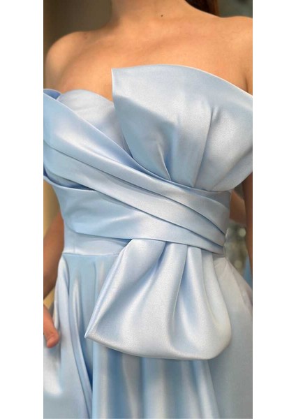 Mavi Kloş Etekli Saten Midi Abiye Elbise 7657 fırsatları