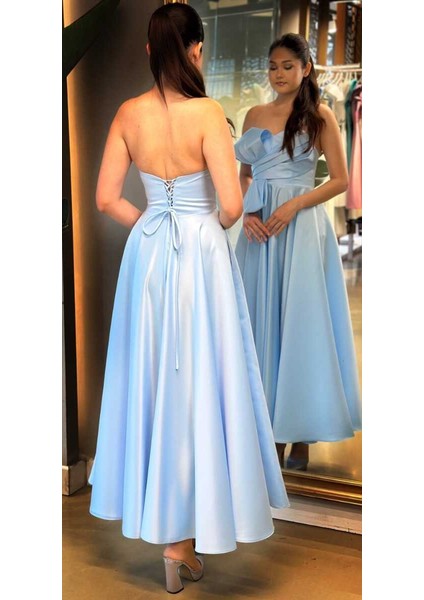 Mavi Kloş Etekli Saten Midi Abiye Elbise 7657 indirimleri