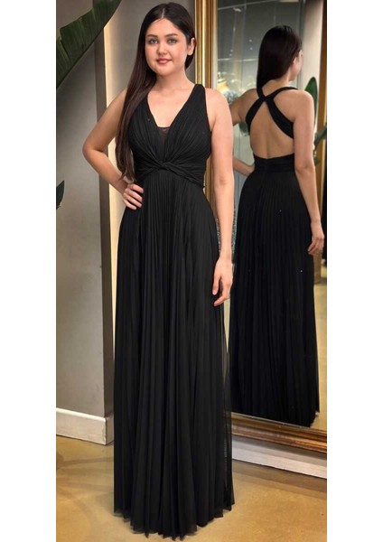 Siyah Kalın Askı Sırt Dekolteli Kloş Etekli Şifon Tül Uzun Abiye Elbise 7645