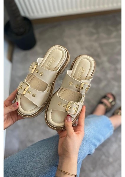 Kadın Bej Çift Bantlı Kapsül Detaylı Kalın Taban Ortopedik Sandalet Terlik K-100