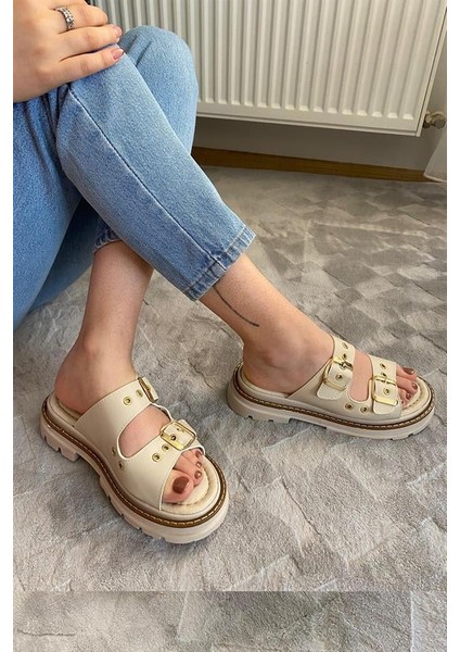 Kadın Bej Çift Bantlı Kapsül Detaylı Kalın Taban Ortopedik Sandalet Terlik K-100 fiyatları