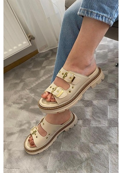 Kadın Bej Çift Bantlı Kapsül Detaylı Kalın Taban Ortopedik Sandalet Terlik K-100 modelleri