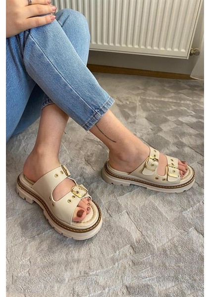Kadın Bej Çift Bantlı Kapsül Detaylı Kalın Taban Ortopedik Sandalet Terlik K-100 fırsatları