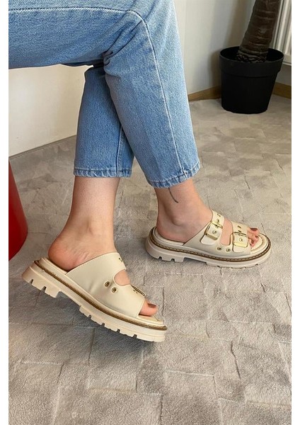 Kadın Bej Çift Bantlı Kapsül Detaylı Kalın Taban Ortopedik Sandalet Terlik K-100 indirimleri