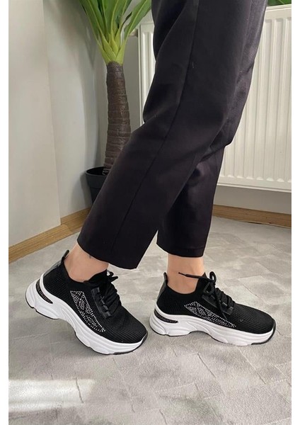 Kadın Siyah Triko Beyaz Tabanlı Taşlı Spor Ayakkabı & Sneaker