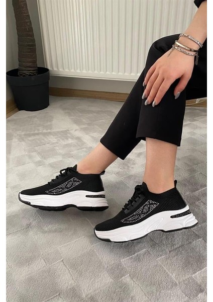 Kadın Siyah Triko Beyaz Tabanlı Taşlı Spor Ayakkabı & Sneaker modelleri