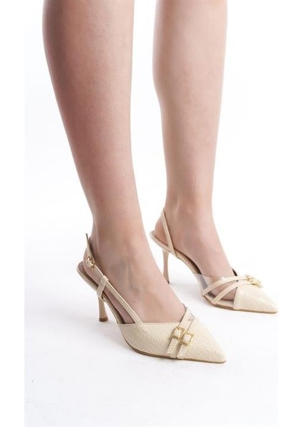 Kadın Krem Baskılı Rugan 9 cm Ince Topuklu Sivri Burunlu Yanları Acık Stiletto