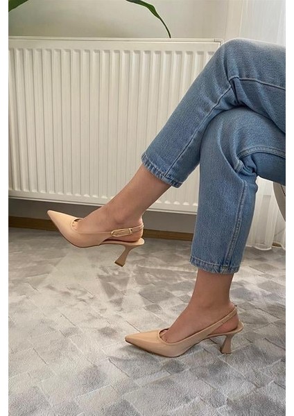 Kadın Nud Rugan Sivri Burun Arkası Acık 8 cm Topuklu Ayakkabı