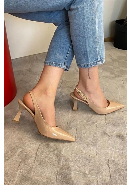 Kadın Nud Rugan Sivri Burun Arkası Acık 8 cm Topuklu Ayakkabı fiyatları