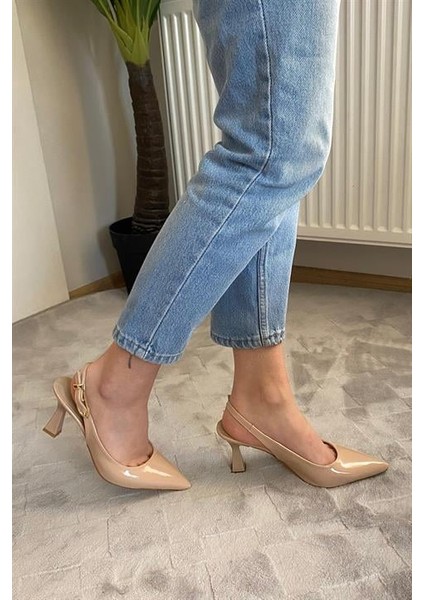 Kadın Nud Rugan Sivri Burun Arkası Acık 8 cm Topuklu Ayakkabı modelleri