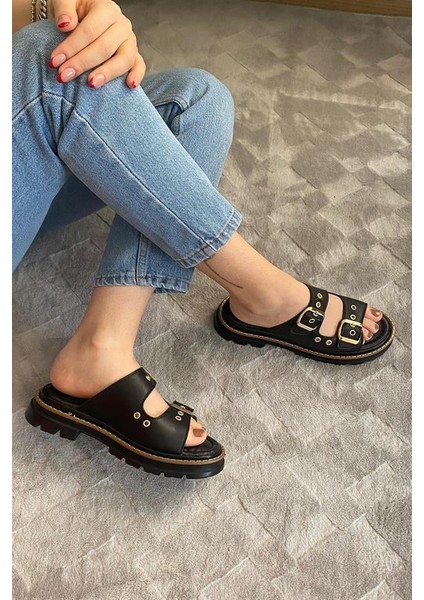 Kadın Siyah Çift Bantlı Kapsül Detaylı Kalın Taban Ortopedik Sandalet Terlik K-100