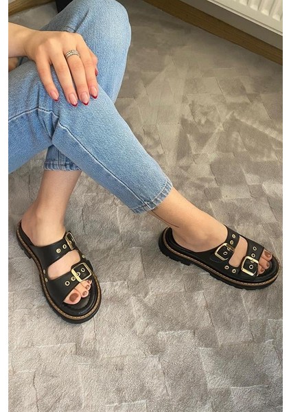 Kadın Siyah Çift Bantlı Kapsül Detaylı Kalın Taban Ortopedik Sandalet Terlik K-100 fiyatları