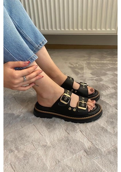 Kadın Siyah Çift Bantlı Kapsül Detaylı Kalın Taban Ortopedik Sandalet Terlik K-100 modelleri