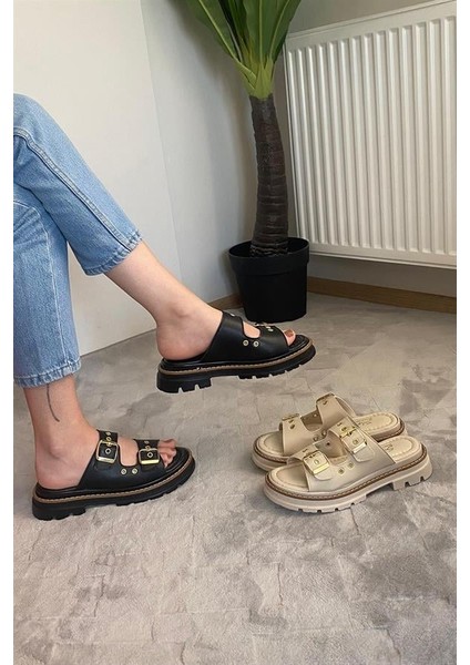 Kadın Siyah Çift Bantlı Kapsül Detaylı Kalın Taban Ortopedik Sandalet Terlik K-100 fırsatları