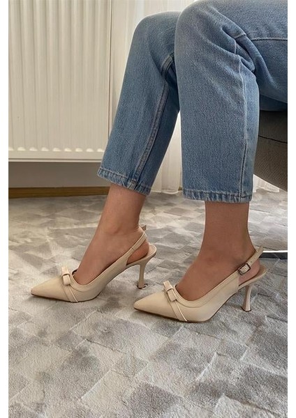 Kadın Krem Cilt Fiyonk Detaylı Arkası Acık 9 cm Ince Topuklu Ayakkabı fiyatları