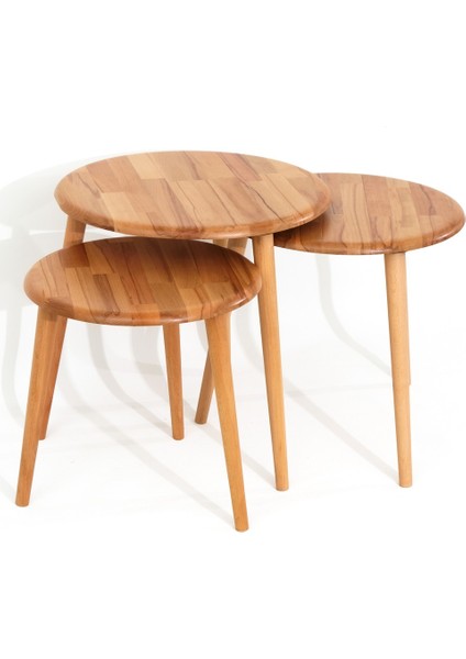 Yuvarlak Masif Doğal Naturel Tekli 2'li 3'lü Zigon Sehpa Set Modern Masif Yan Sehpa Seti