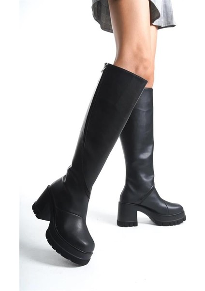 Kadın Siyah Cilt Döner Fermuarlı 8 cm Platform Topuklu Diz Altı Çizme