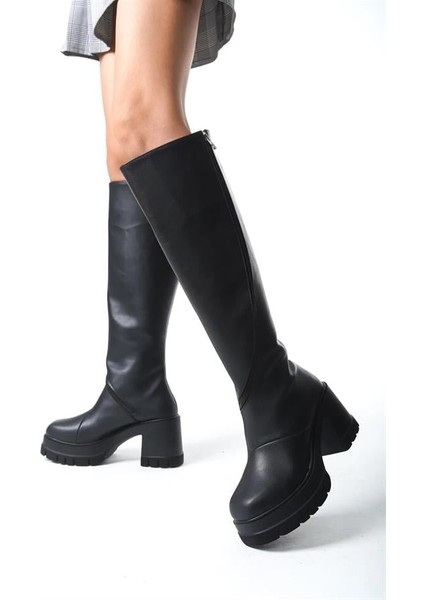Kadın Siyah Cilt Döner Fermuarlı 8 cm Platform Topuklu Diz Altı Çizme fırsatları