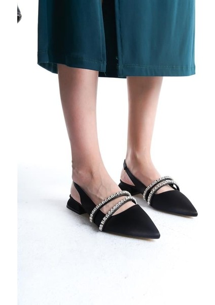 Kadın Siyah Saten Iki Sıra Taşlı Arkası Acık 2 cm Topuklu Sivri Burun Babet fiyatları