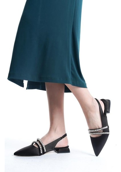 Kadın Siyah Saten Iki Sıra Taşlı Arkası Acık 2 cm Topuklu Sivri Burun Babet modelleri