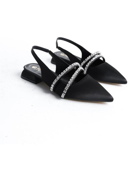 Kadın Siyah Saten Iki Sıra Taşlı Arkası Acık 2 cm Topuklu Sivri Burun Babet fırsatları
