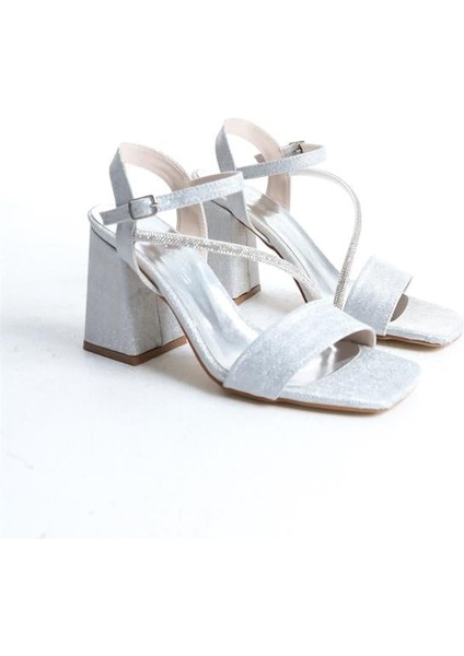 Kadın Gümüş Simli 9 cm Kalın Topuklu Taş Detaylı Aykkabı fırsatları