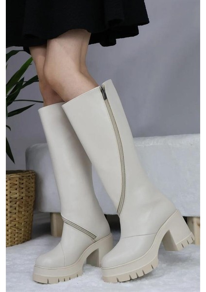 Kadın Krem Cilt Döner Fermuarlı 8 cm Platform Topuklu Diz Altı Çizme
