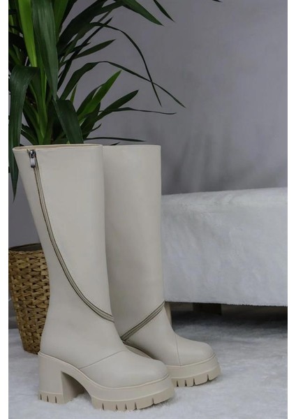 Kadın Krem Cilt Döner Fermuarlı 8 cm Platform Topuklu Diz Altı Çizme fırsatları