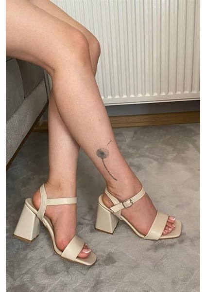 Kadın Krem Cilt Tek Bant 9 cm Kalın Topuklu Aykkabı fırsatları