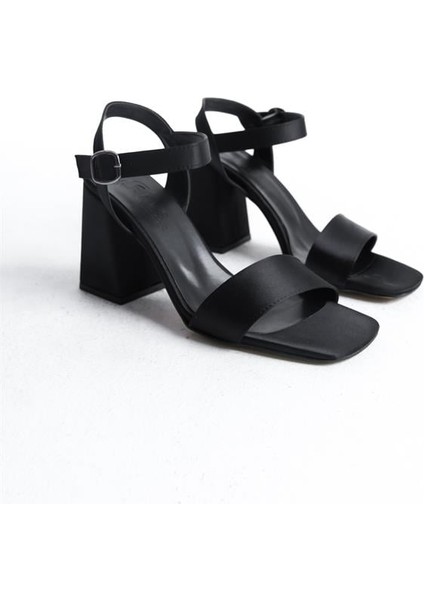 Kadın Siyah Saten Tek Bant 9 cm Kalın Topuklu Aykkabı fırsatları