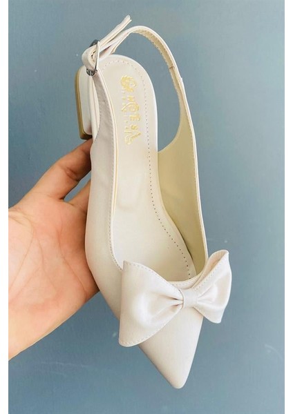 Krem Kumaş Fiyoklu Arkası Acık 2 cm Topuklu Sivri Burun Babet modelleri