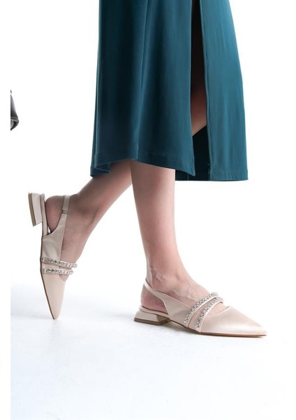 Kadın Krem Saten Iki Sıra Taşlı Arkası Acık 2 cm Topuklu Sivri Burun Babet fiyatları
