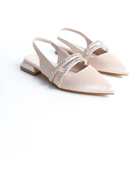 Kadın Krem Saten Iki Sıra Taşlı Arkası Acık 2 cm Topuklu Sivri Burun Babet fırsatları