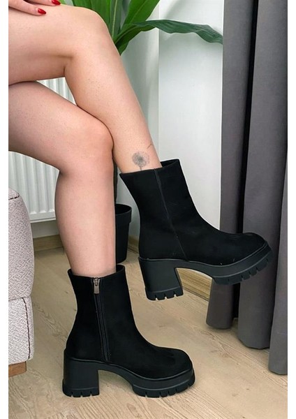 Kadın Pita Siyah Süet ( 8 cm ) Platfom Topuklu Fermuarlı Bot