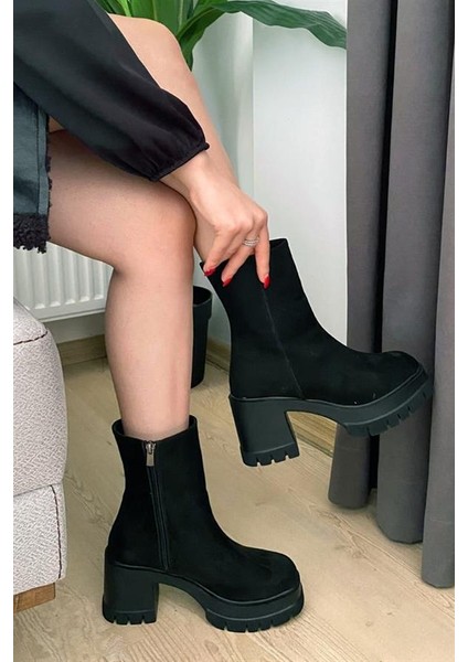 Kadın Pita Siyah Süet ( 8 cm ) Platfom Topuklu Fermuarlı Bot fiyatları