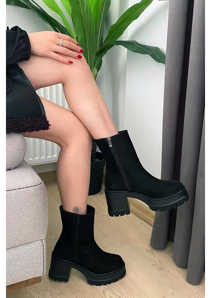 Kadın Pita Siyah Süet ( 8 cm ) Platfom Topuklu Fermuarlı Bot fırsatları