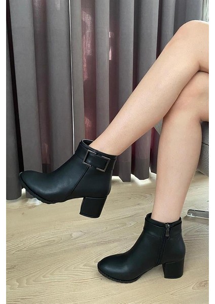 Kadın Trend Siyah Kare Tokalı ( 6 cm ) Topuklu Oval Burun Bot fırsatları