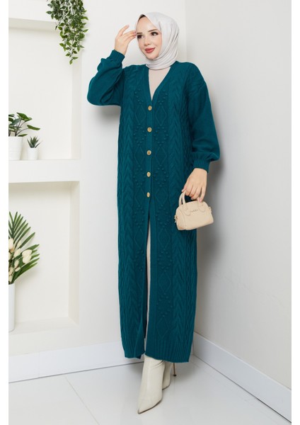Kadın Zincir Örgü Düğme Kapamalı Uzun Triko Hırka -PMK451 modelleri