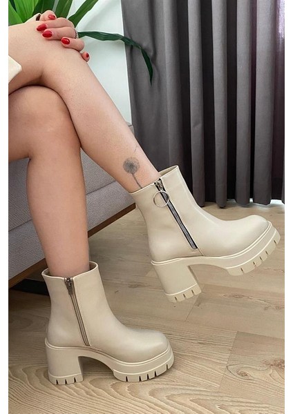 Kadın Alara Krem Cilt Fermuarlı 8 cm Platfom Topuklu Bot
