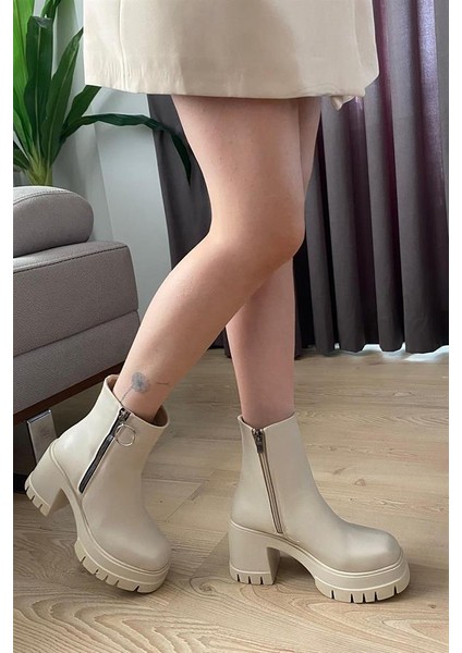 Kadın Alara Krem Cilt Fermuarlı 8 cm Platfom Topuklu Bot modelleri