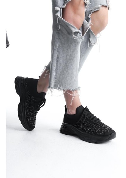 Kadın Siyah Triko Taşlı Spor Ayakkabı & Sneaker
