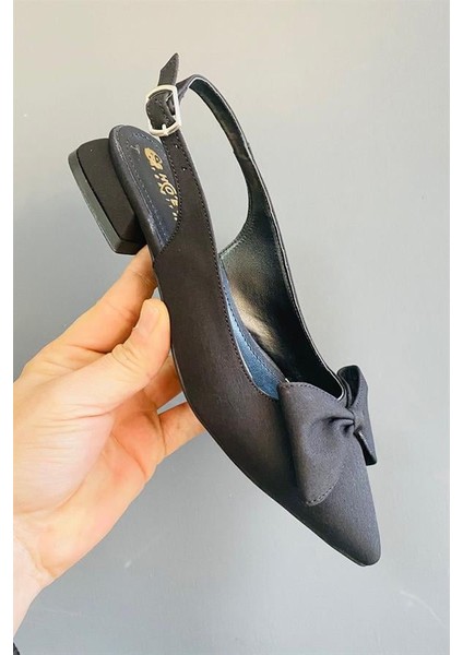 Siyah Kumaş Fiyoklu Arkası Acık 2 cm Topuklu Sivri Burun Babet modelleri