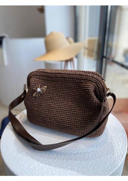 Broş Aksesuarlı Hasır Kadın El ve Omuz Çantası,plaj Çantası, Portföy Clutch, Uzun Askısı Mevcuttur